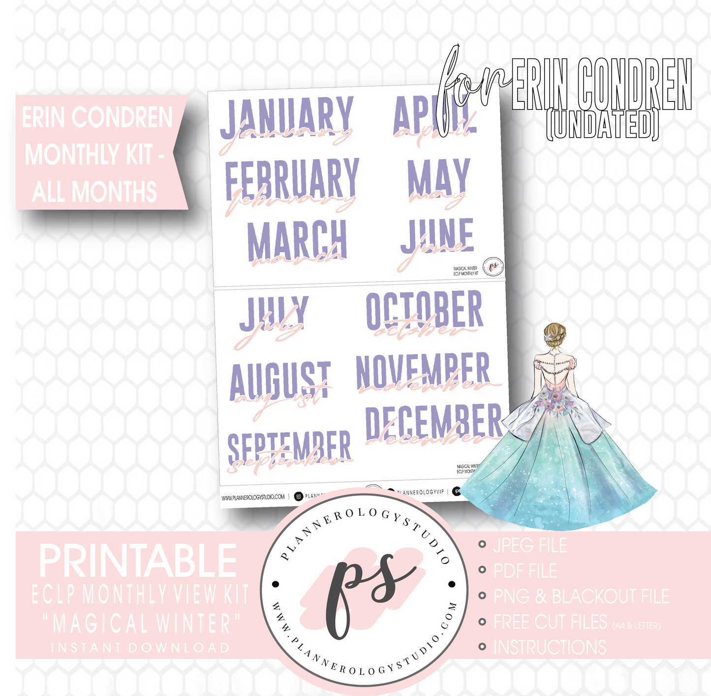 Magical Winter Undated Monthly View Kit (All Months) Digital Printable Planner Stickers (for use with Erin Condren) - Plannerologystudio