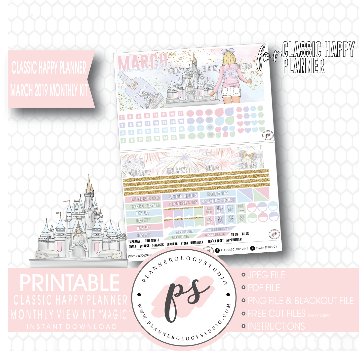 Magic (Disney Inspired) March 2019 Monthly View Kit Digital Printable Planner Stickers (for use with Classic Happy Planner) (Undated) - Plannerologystudio