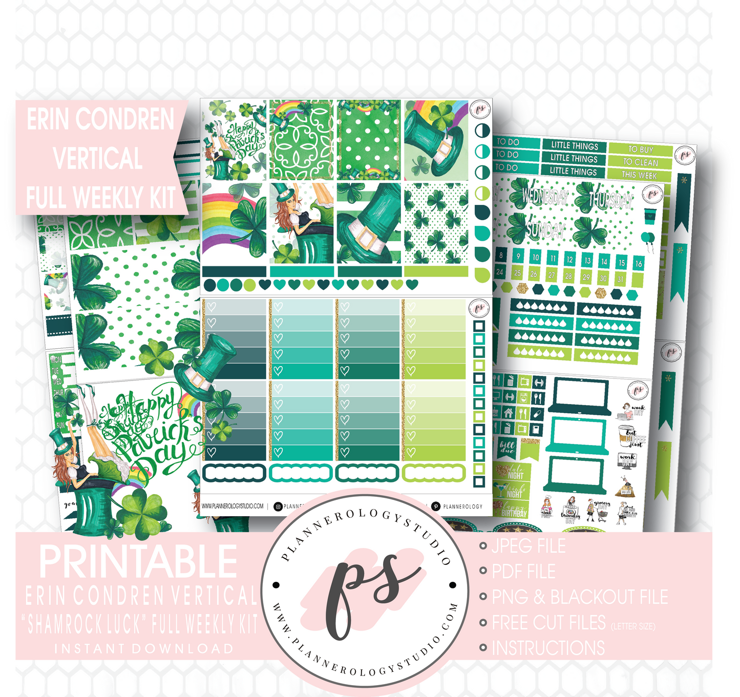 Shamrock Luck (St Patrick's Day) Full Weekly Kit Printable Planner Stickers (for use with Erin Condren Vertical) - Plannerologystudio