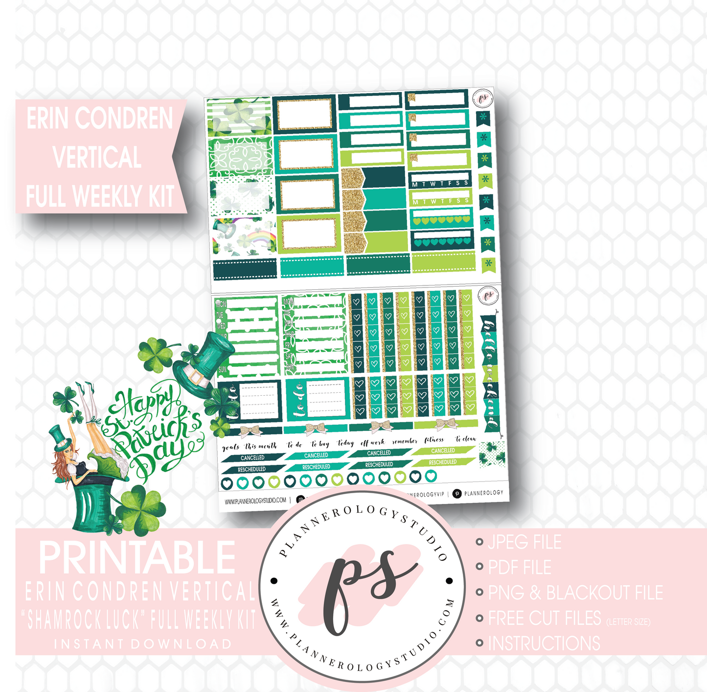 Shamrock Luck (St Patrick's Day) Full Weekly Kit Printable Planner Stickers (for use with Erin Condren Vertical) - Plannerologystudio