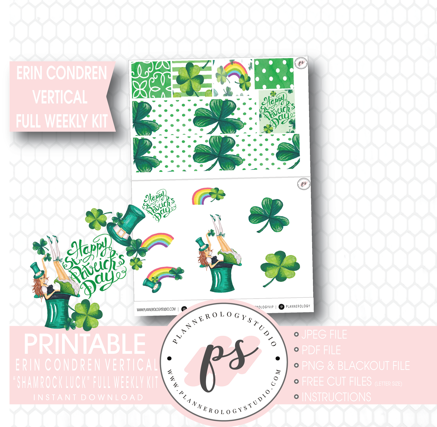 Shamrock Luck (St Patrick's Day) Full Weekly Kit Printable Planner Stickers (for use with Erin Condren Vertical) - Plannerologystudio
