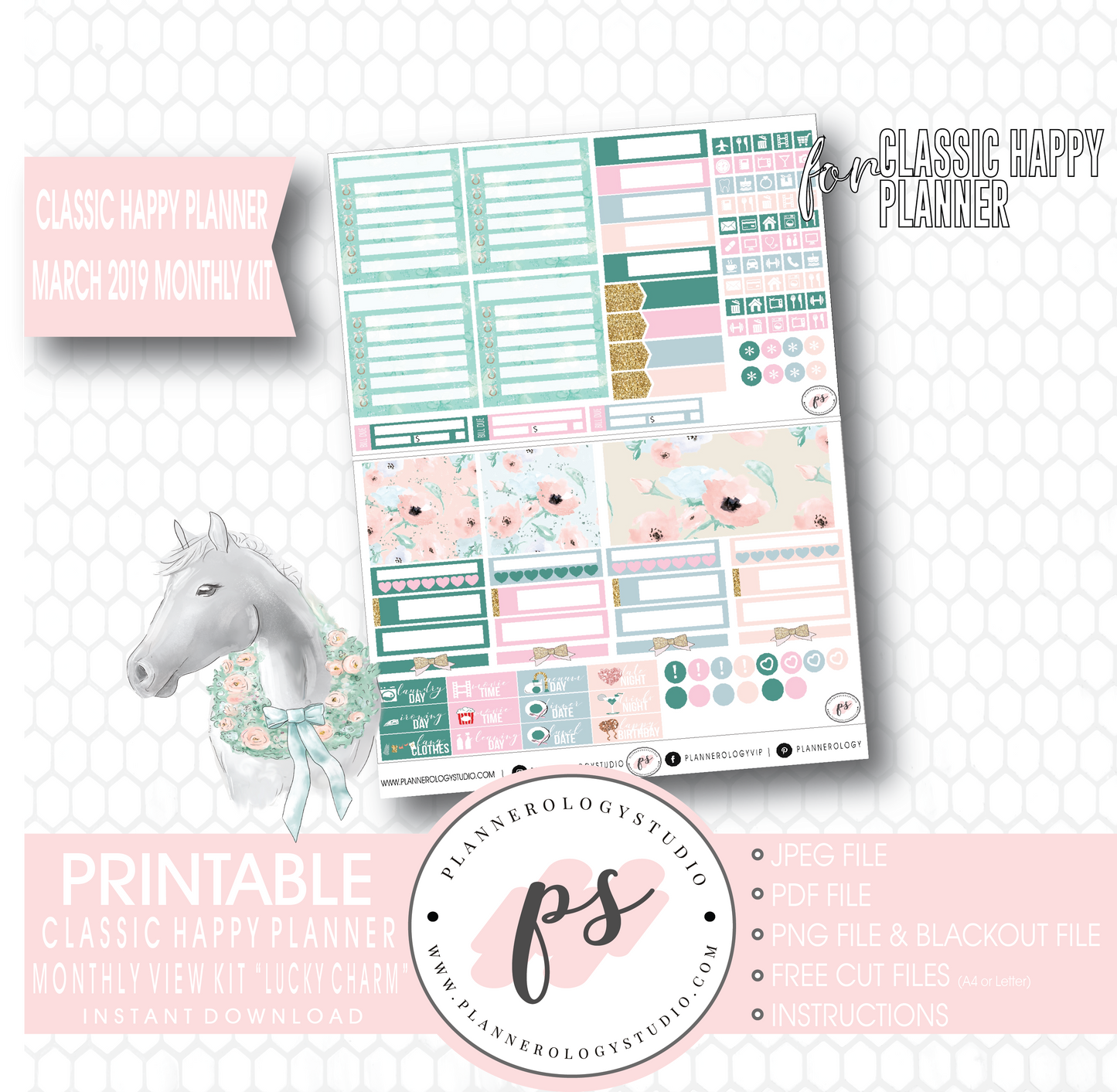 Lucky Charm St Patrick's Day March 2019 Monthly View Kit Digital Printable Planner Stickers (for use with Classic Happy Planner) - Plannerologystudio