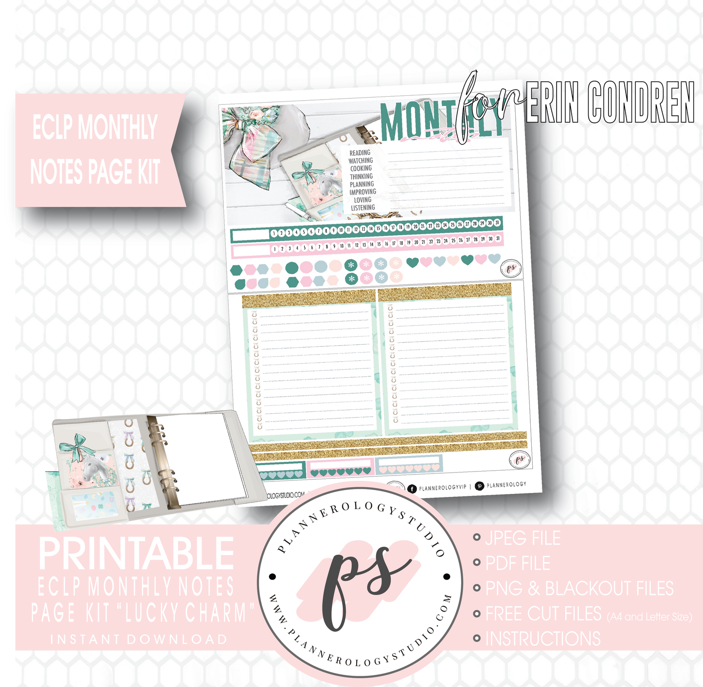 Lucky Charm (St. Patrick's Day) Monthly Notes Page Kit Digital Printable Planner Stickers (for use with Erin Condren) - Plannerologystudio