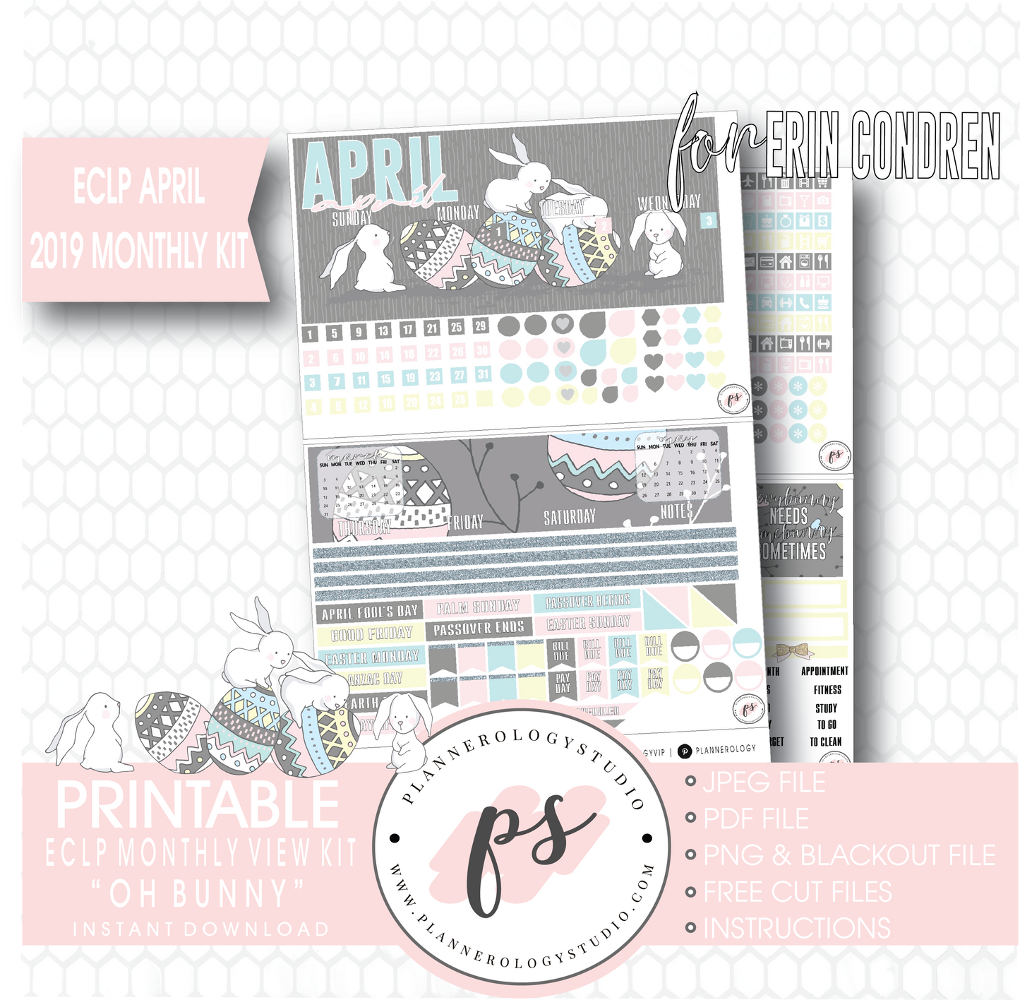 Oh Bunny April Easter 2019 Monthly View Kit Digital Printable Planner Stickers (for use with Erin Condren) - Plannerologystudio