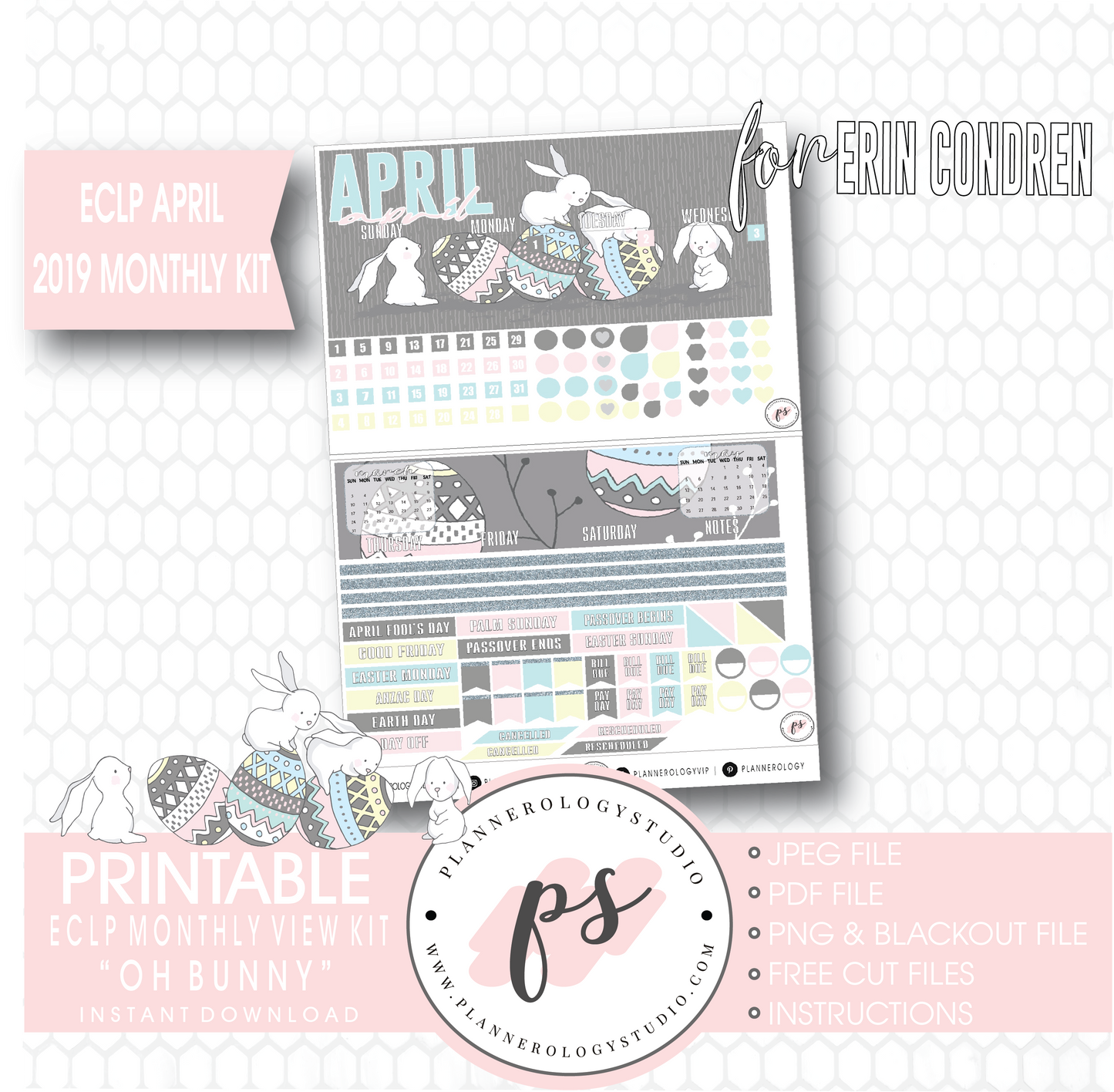 Oh Bunny April Easter 2019 Monthly View Kit Digital Printable Planner Stickers (for use with Erin Condren) - Plannerologystudio