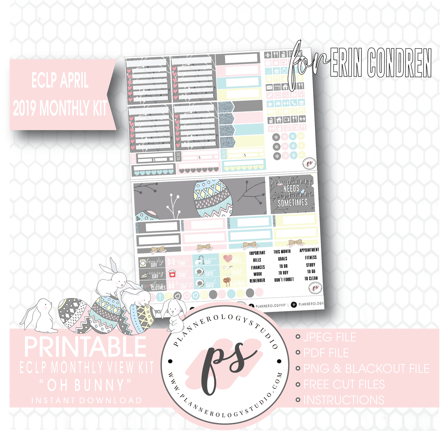 Oh Bunny April Easter 2019 Monthly View Kit Digital Printable Planner Stickers (for use with Erin Condren) - Plannerologystudio