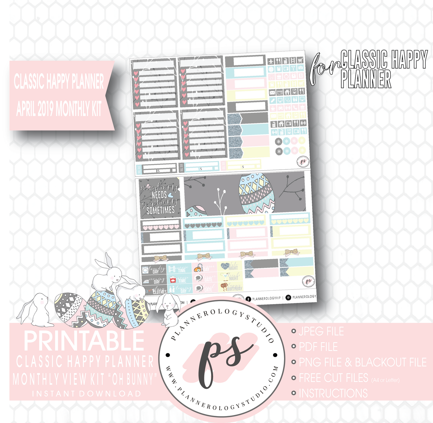 Oh Bunny April Easter 2019 Monthly View Kit Digital Printable Planner Stickers (for use with Classic Happy Planner) - Plannerologystudio