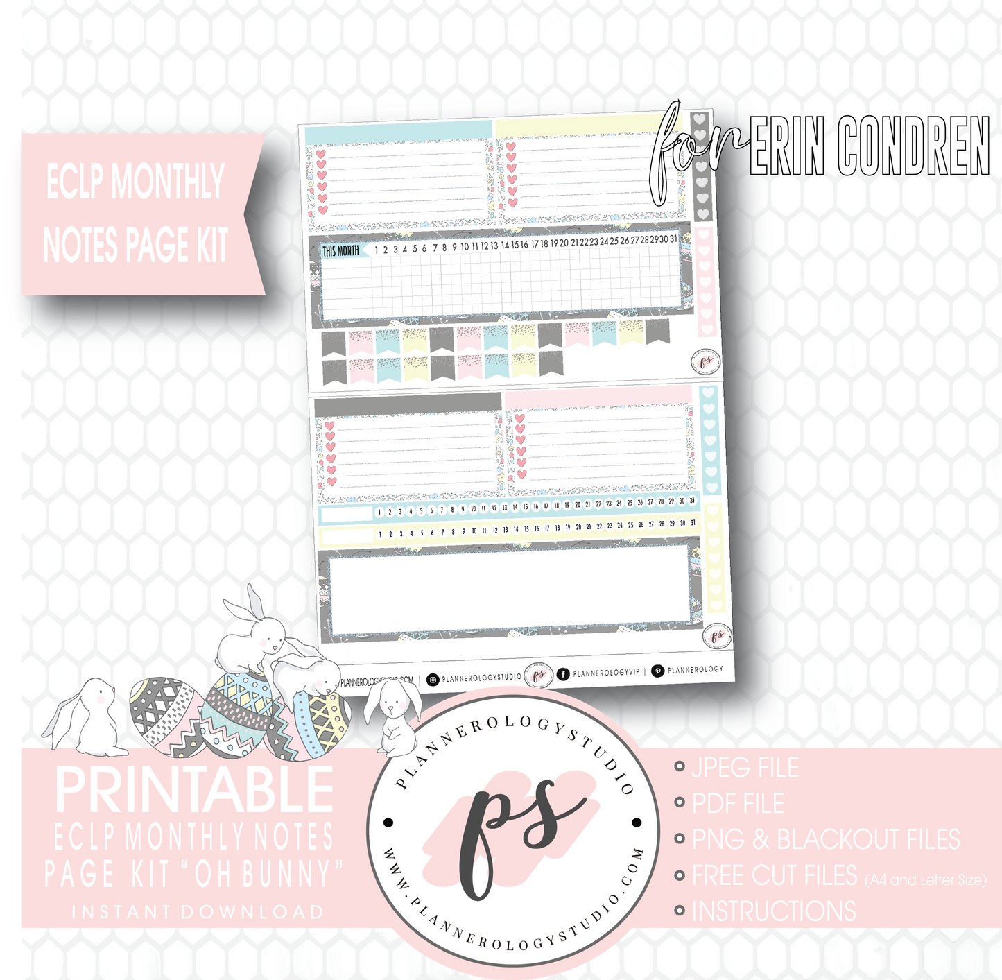 Oh Bunny Easter Monthly Notes Page Kit Digital Printable Planner Stickers (for use with Erin Condren) - Plannerologystudio