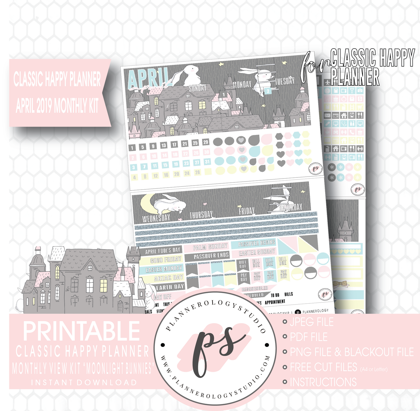 Moonlight Bunnies April Easter 2019 Monthly View Kit Digital Printable Planner Stickers (for use with Classic Happy Planner) - Plannerologystudio