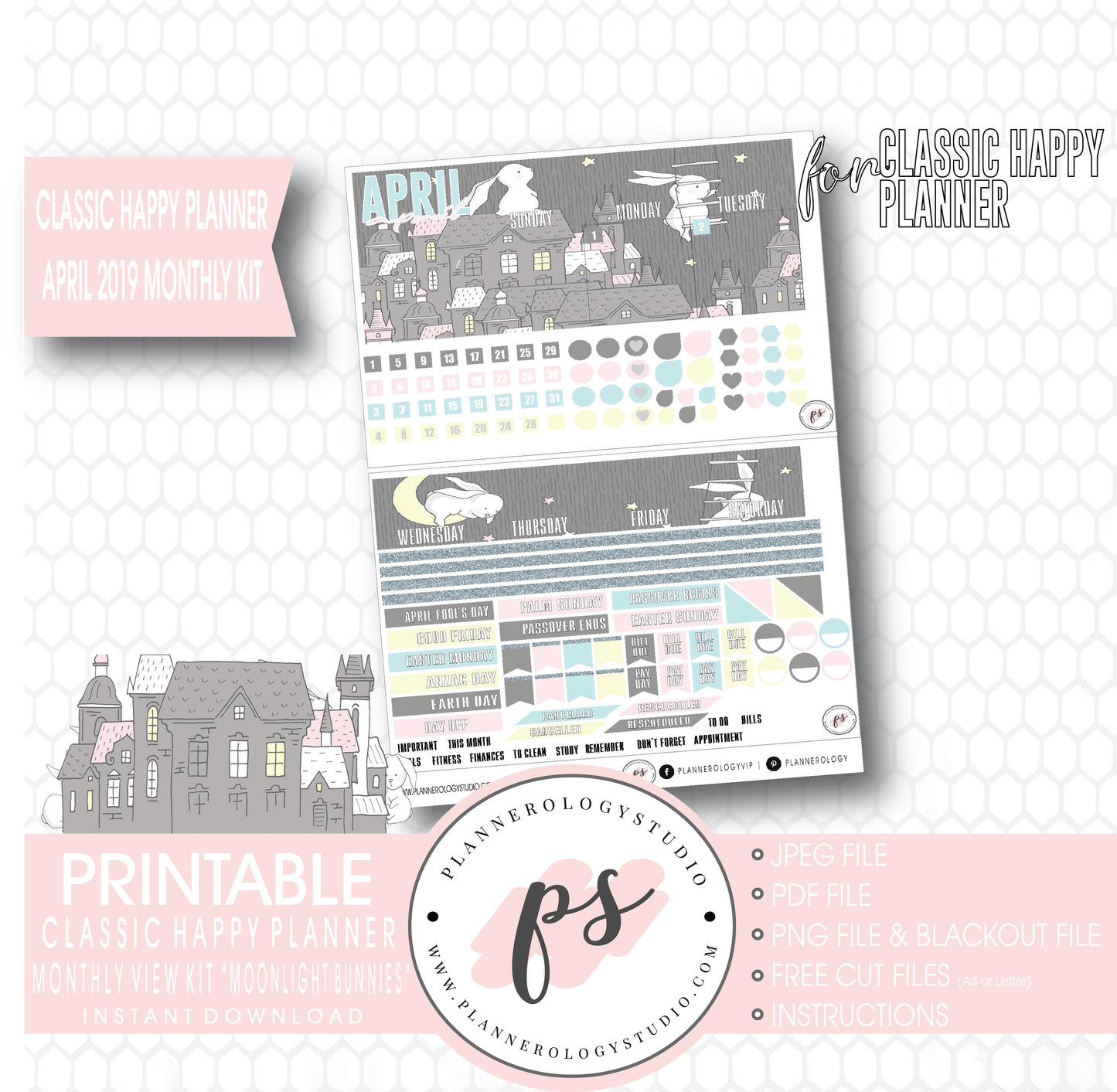 Moonlight Bunnies April Easter 2019 Monthly View Kit Digital Printable Planner Stickers (for use with Classic Happy Planner) - Plannerologystudio