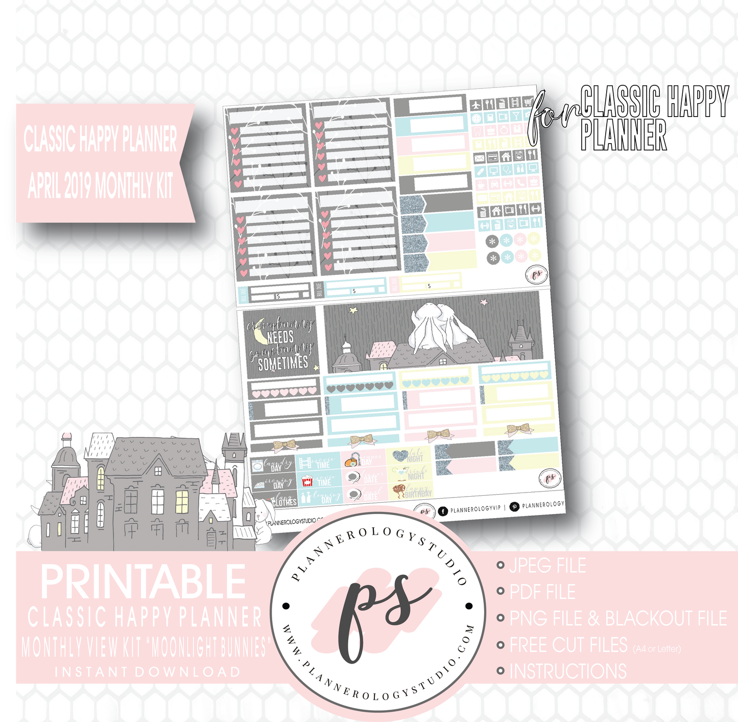 Moonlight Bunnies April Easter 2019 Monthly View Kit Digital Printable Planner Stickers (for use with Classic Happy Planner) - Plannerologystudio