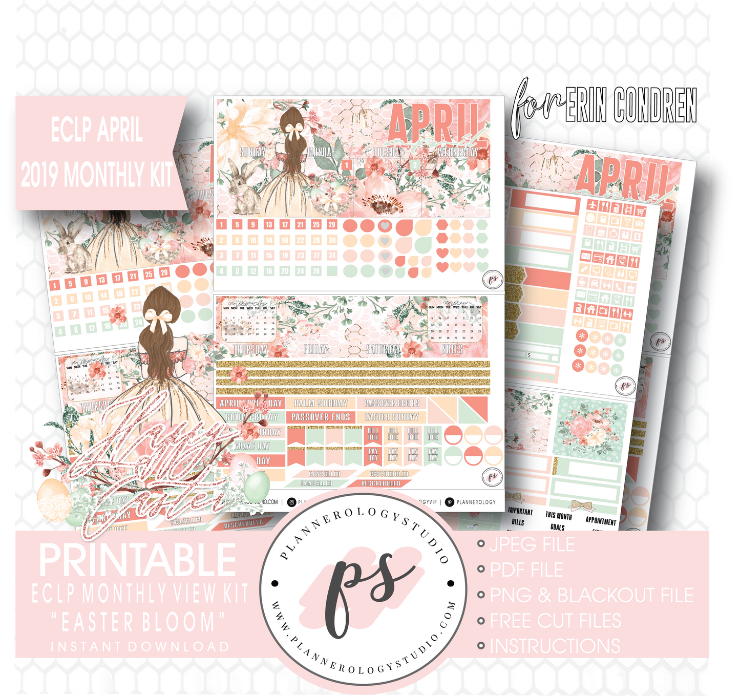 Easter Bloom April 2019 Monthly View Kit Digital Printable Planner Stickers (for use with Erin Condren) - Plannerologystudio