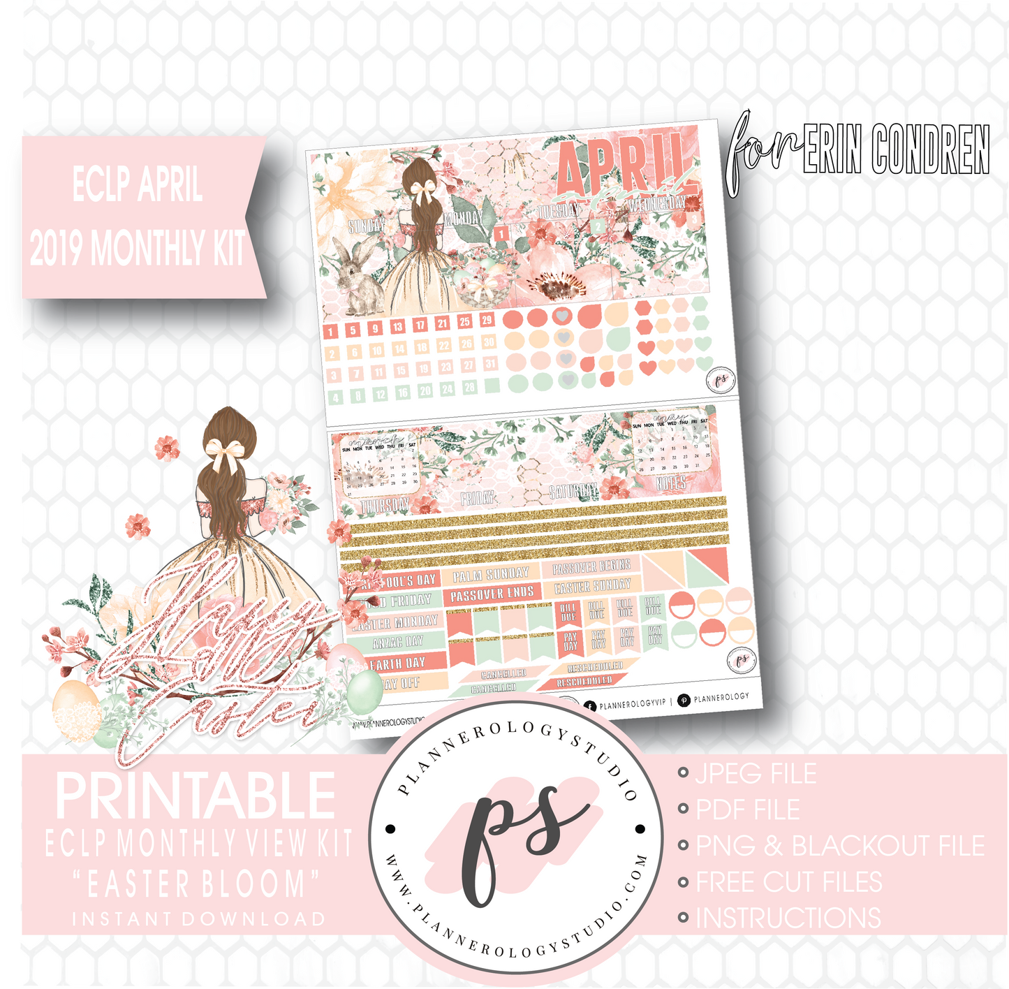 Easter Bloom April 2019 Monthly View Kit Digital Printable Planner Stickers (for use with Erin Condren) - Plannerologystudio