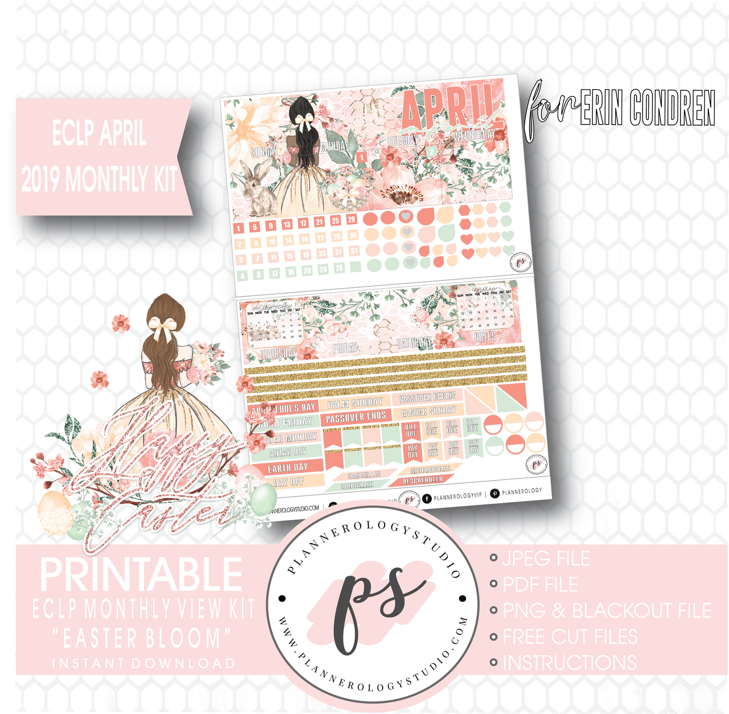 Easter Bloom April 2019 Monthly View Kit Digital Printable Planner Stickers (for use with Erin Condren) - Plannerologystudio