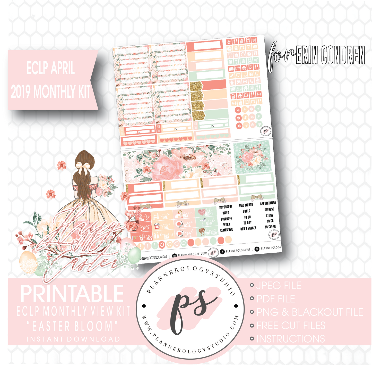 Easter Bloom April 2019 Monthly View Kit Digital Printable Planner Stickers (for use with Erin Condren) - Plannerologystudio