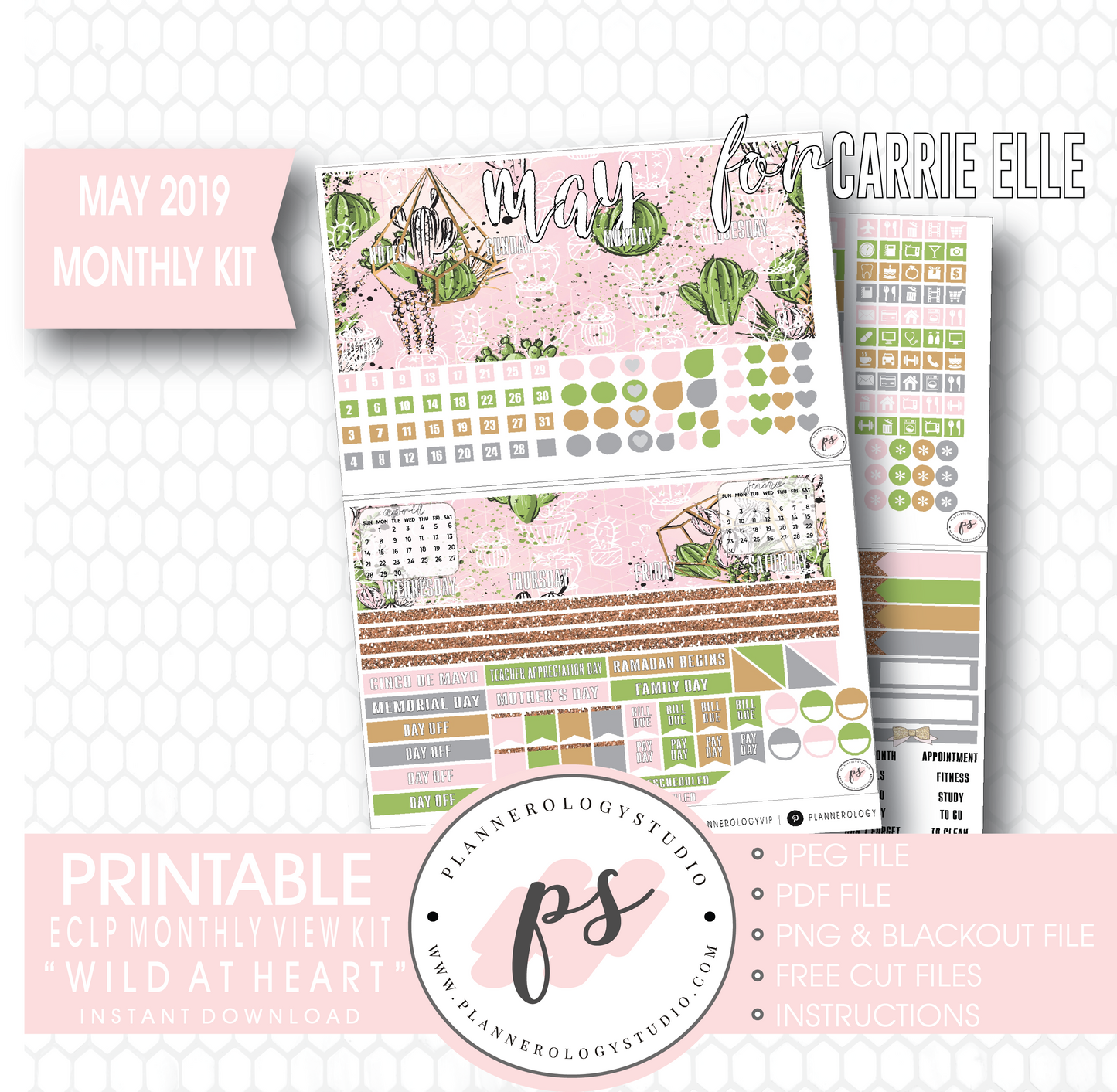 Wild At Heart May 2019 Monthly View Kit Digital Printable Planner Stickers (for use with Carrie Elle Planner) - Plannerologystudio