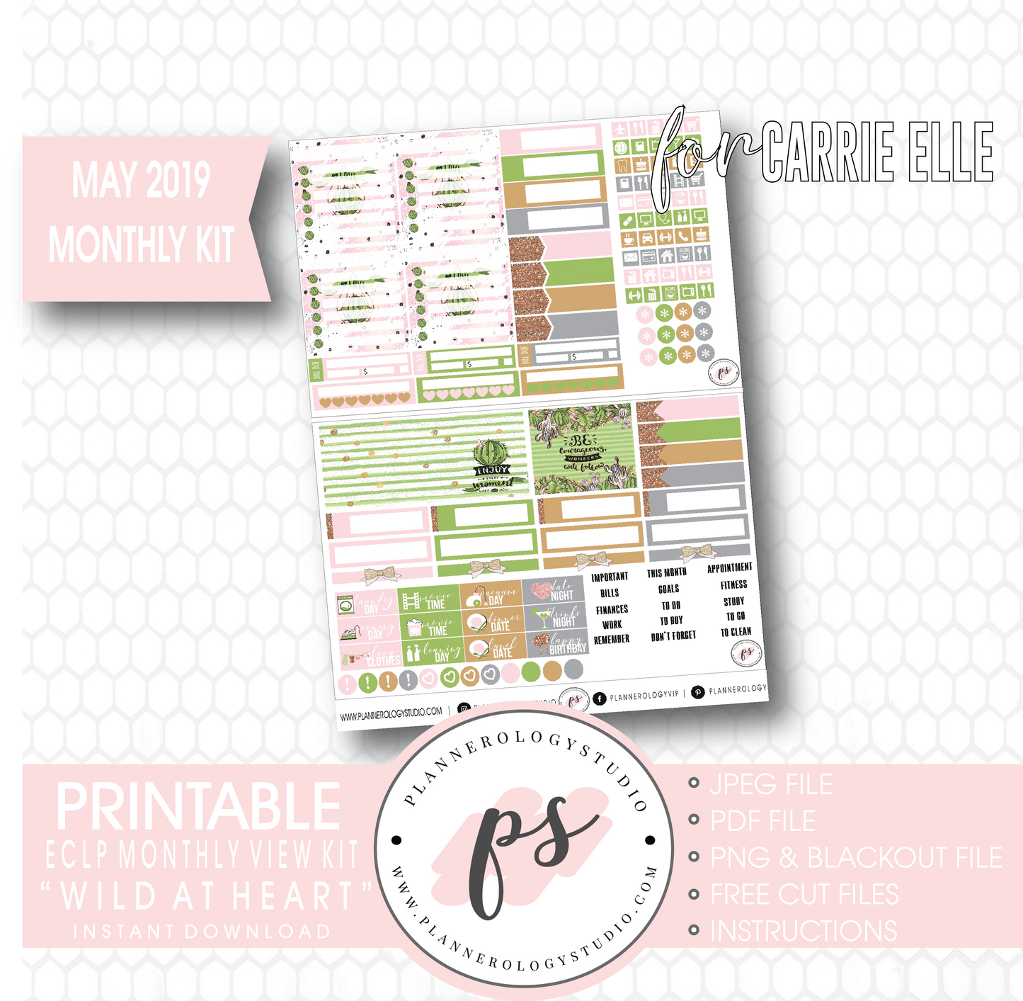 Wild At Heart May 2019 Monthly View Kit Digital Printable Planner Stickers (for use with Carrie Elle Planner) - Plannerologystudio