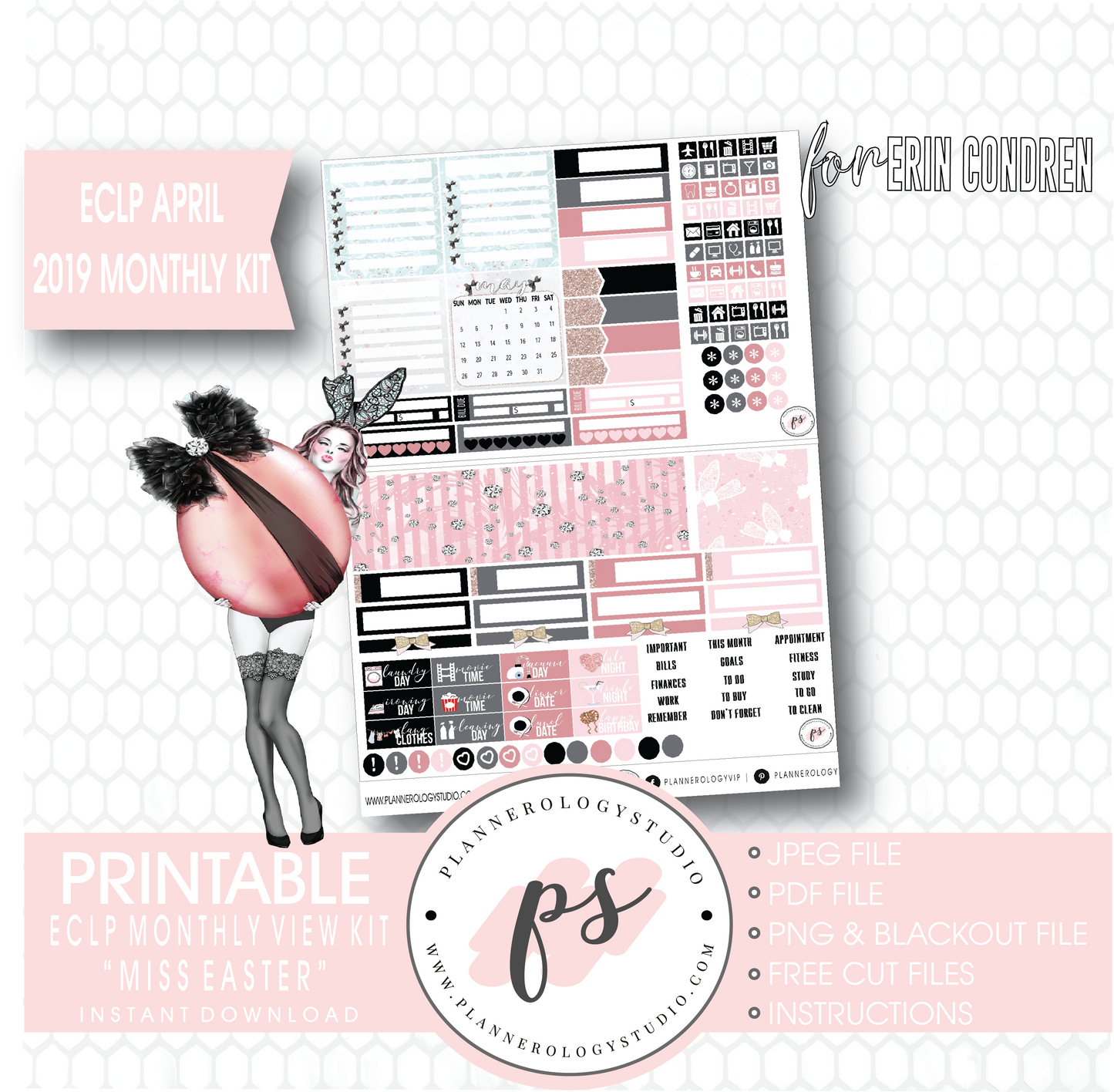 Miss Easter April 2019 Monthly View Kit Digital Printable Planner Stickers (for use with Erin Condren) - Plannerologystudio