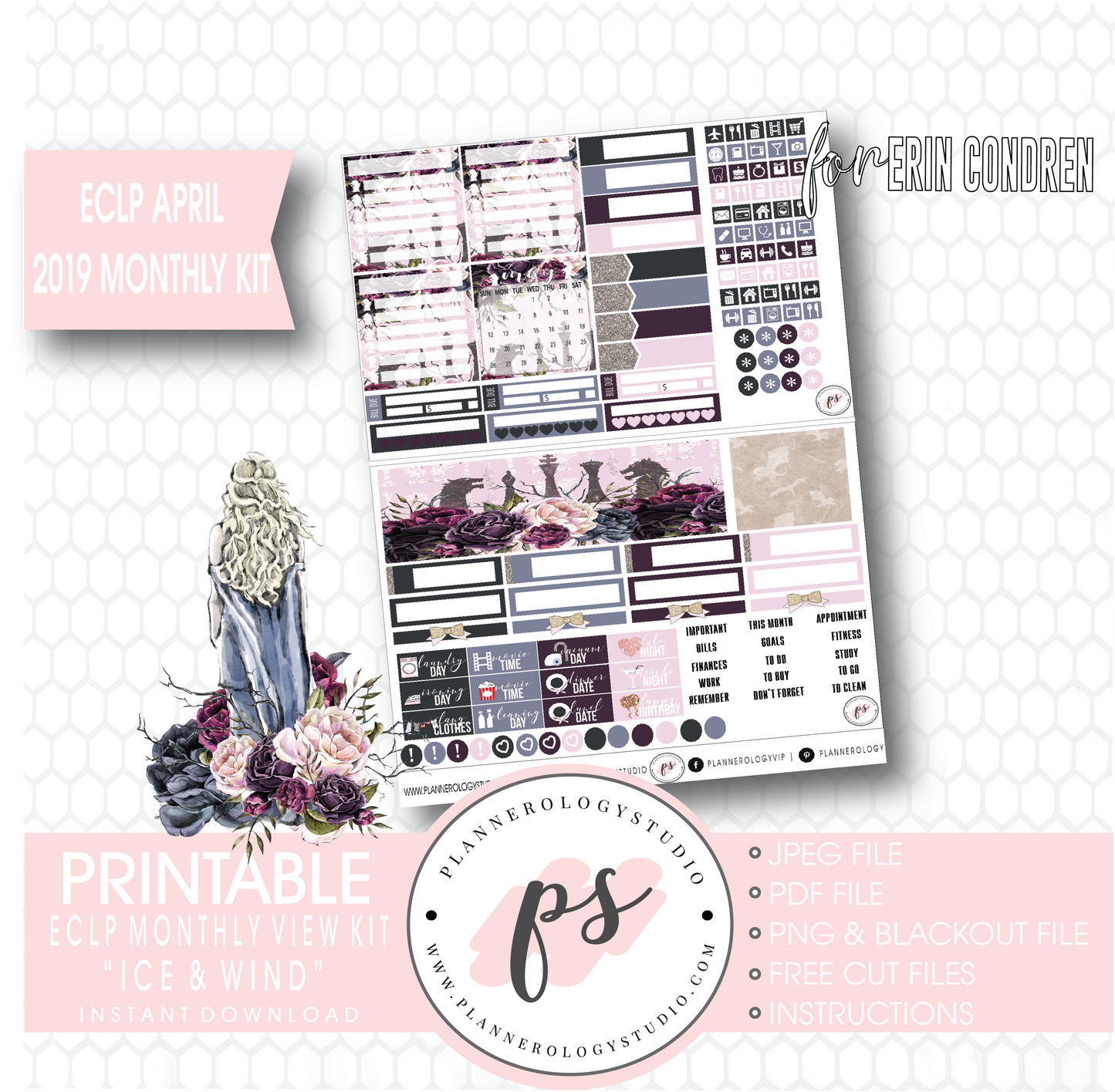Ice & Wind (Game of Thrones) April 2019 Monthly View Kit Digital Printable Planner Stickers (for use with Erin Condren) - Plannerologystudio