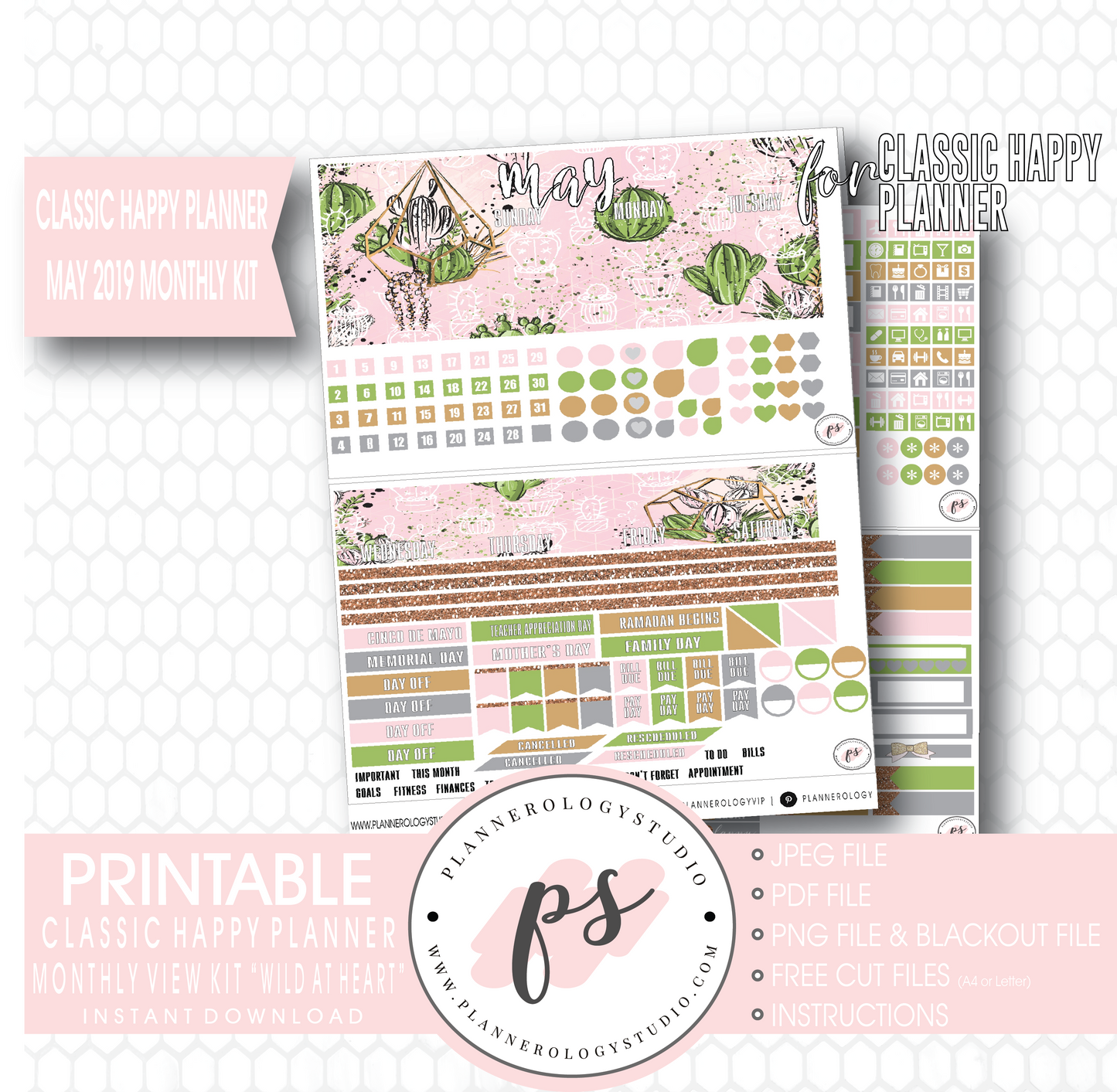 Wild At Heart May 2019 Monthly View Kit Digital Printable Planner Stickers (for use with Classic Happy Planner) - Plannerologystudio