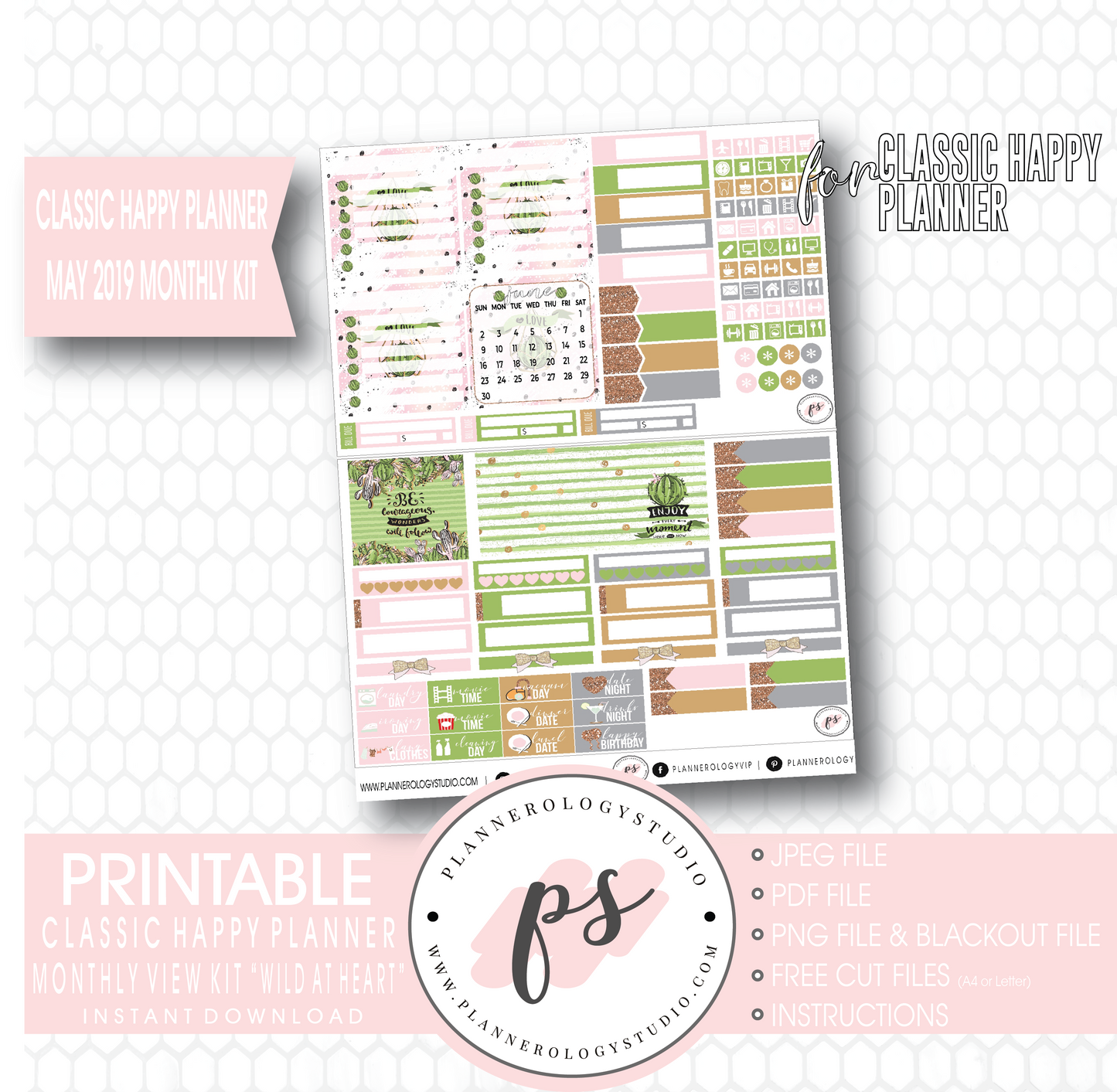 Wild At Heart May 2019 Monthly View Kit Digital Printable Planner Stickers (for use with Classic Happy Planner) - Plannerologystudio