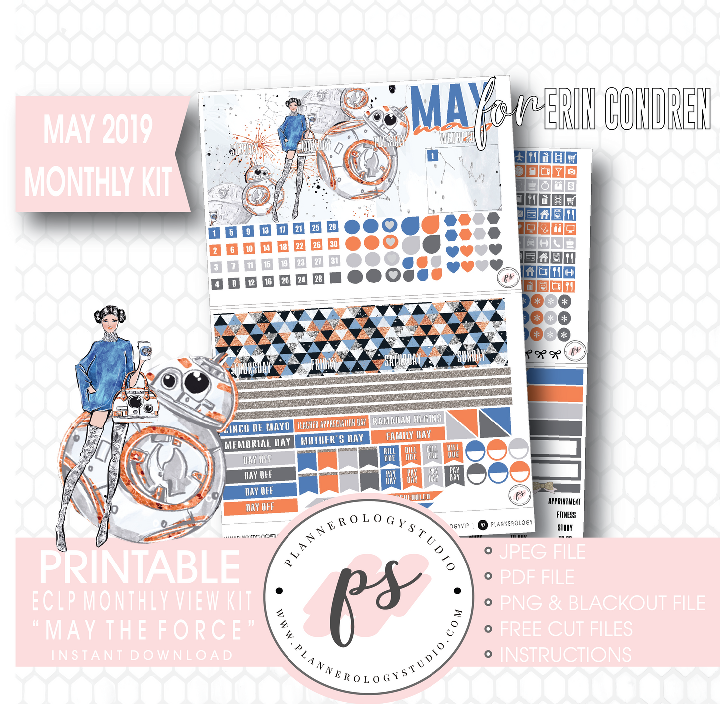 May the Force (Star Wars) May 2019 Monthly View Kit Digital Printable Planner Stickers (for use with Erin Condren) - Plannerologystudio