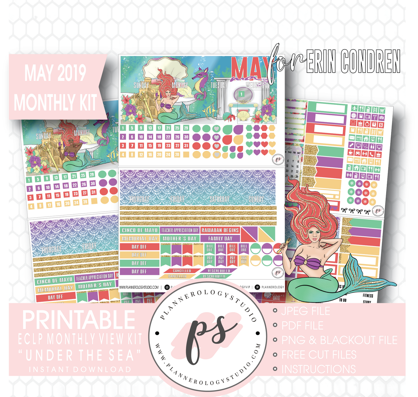 Under the Sea May 2019 Monthly View Kit Digital Printable Planner Stickers (for use with Erin Condren) - Plannerologystudio
