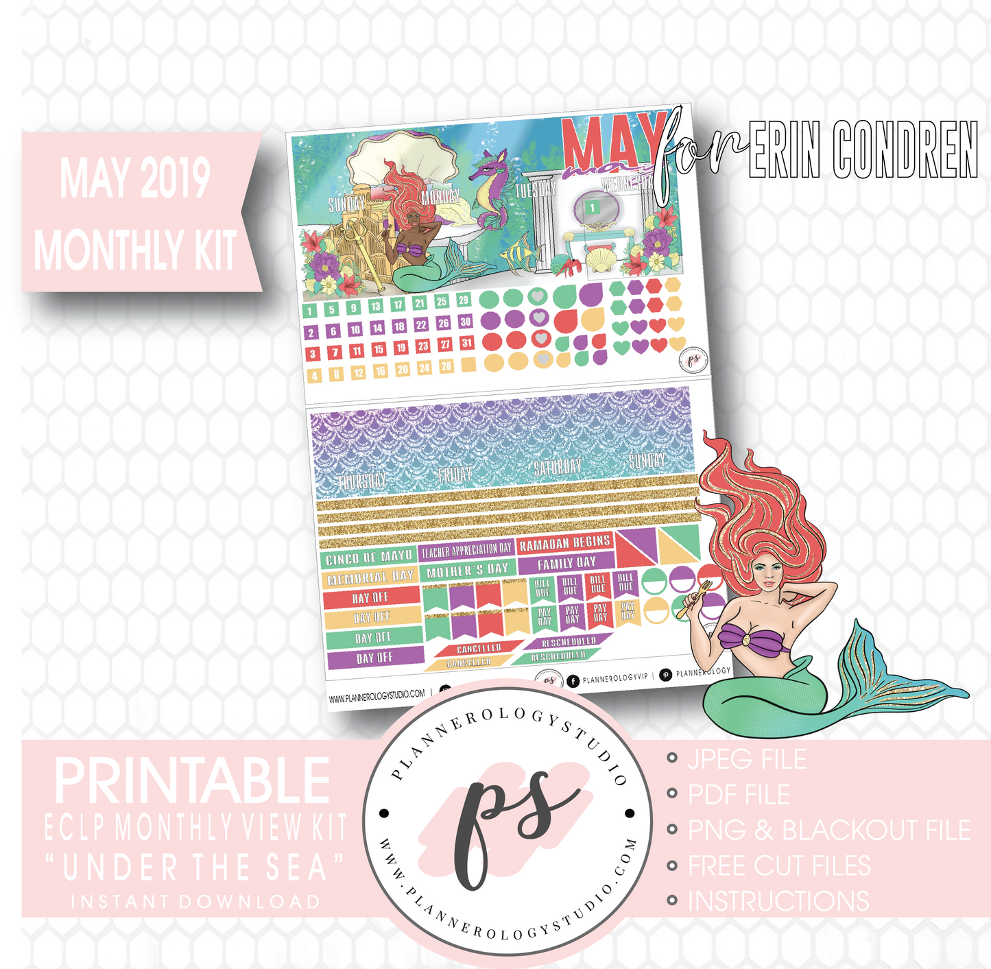 Under the Sea May 2019 Monthly View Kit Digital Printable Planner Stickers (for use with Erin Condren) - Plannerologystudio