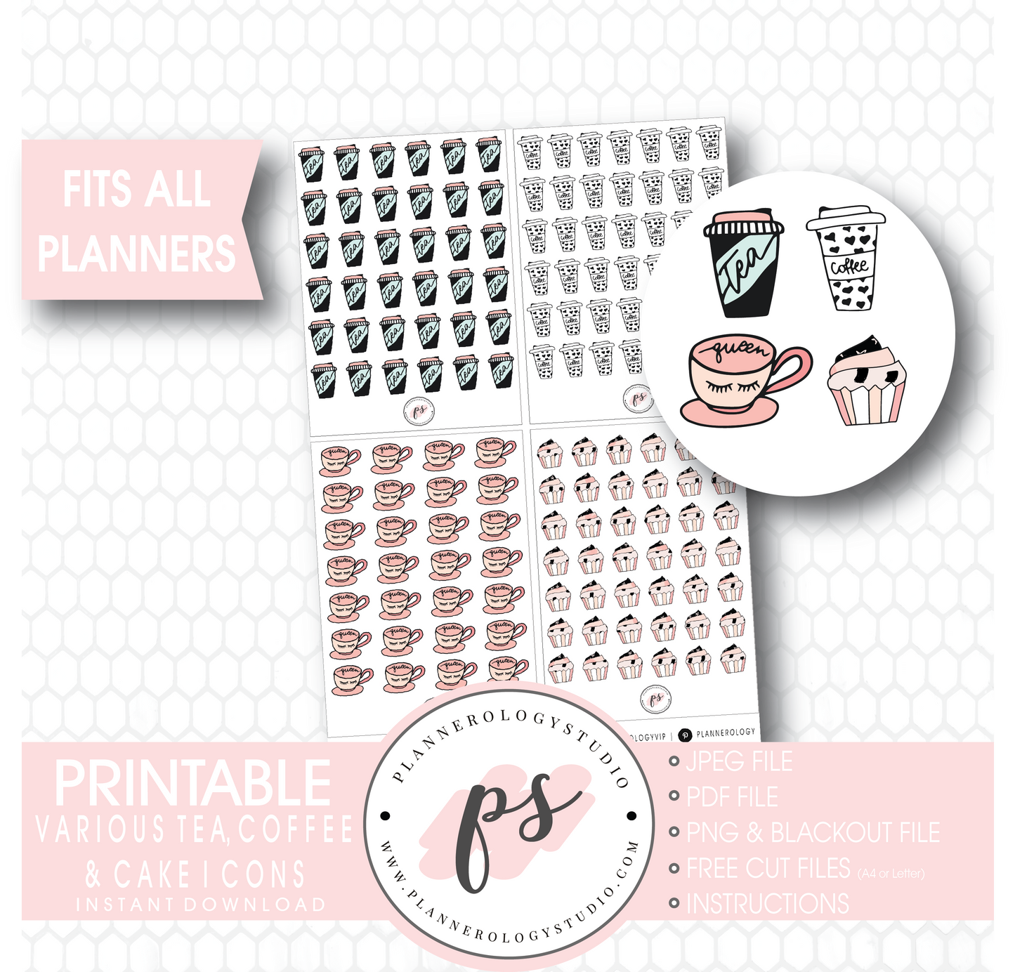 Various Coffee, Tea & Cake Doodle Icons Digital Printable Planner Stickers - Plannerologystudio