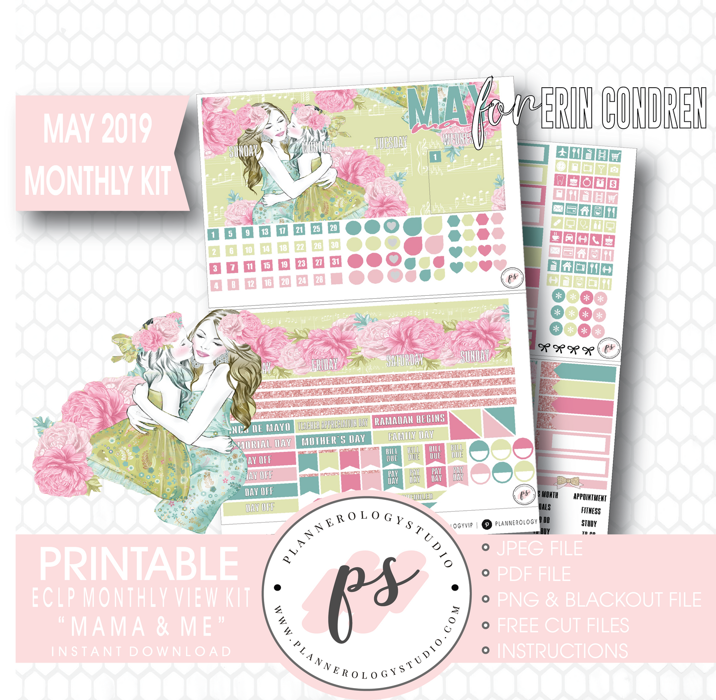 Mama & Me (Mother's Day) May 2019 Monthly View Kit Digital Printable Planner Stickers (for use with Erin Condren) - Plannerologystudio
