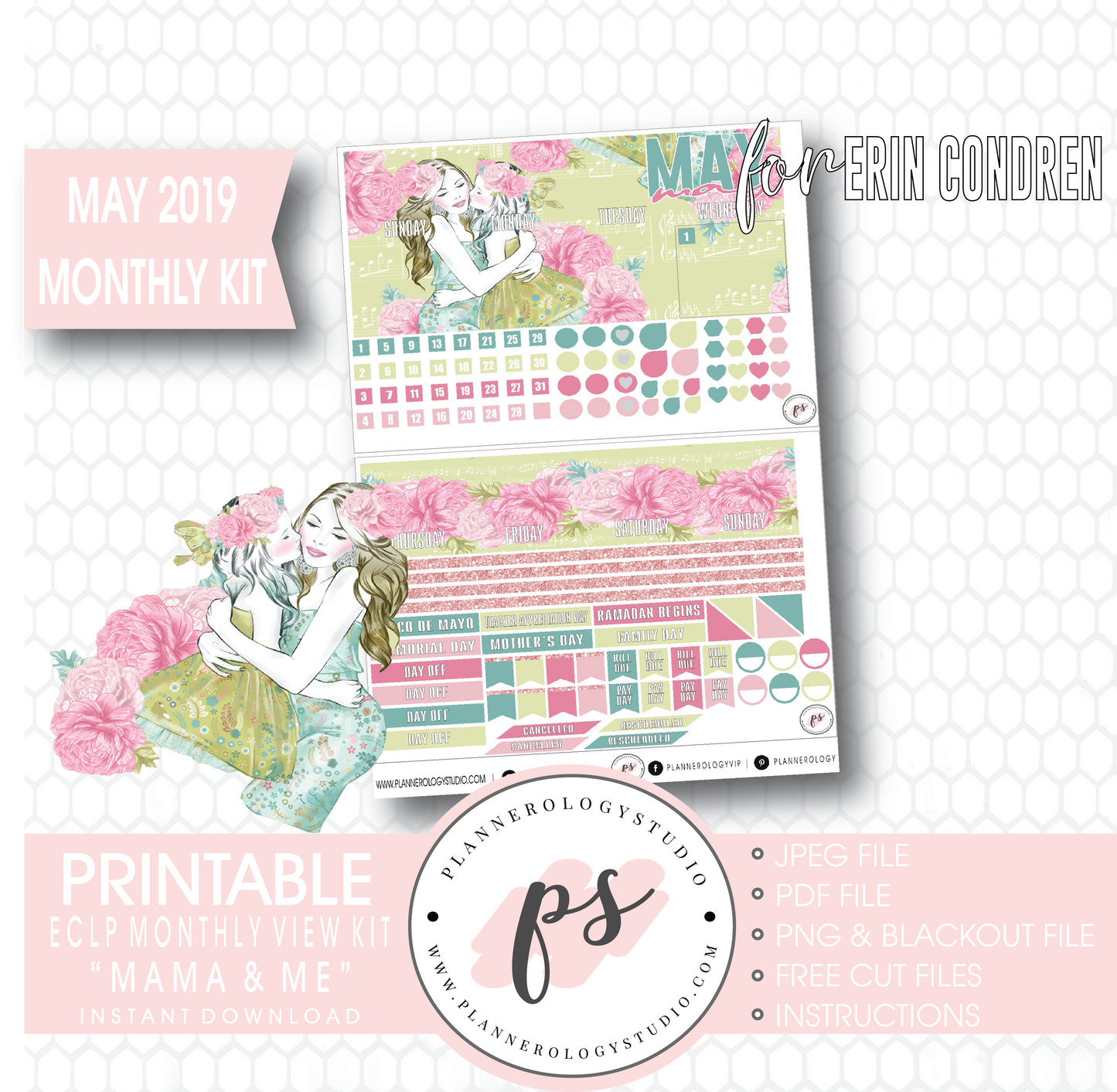 Mama & Me (Mother's Day) May 2019 Monthly View Kit Digital Printable Planner Stickers (for use with Erin Condren) - Plannerologystudio