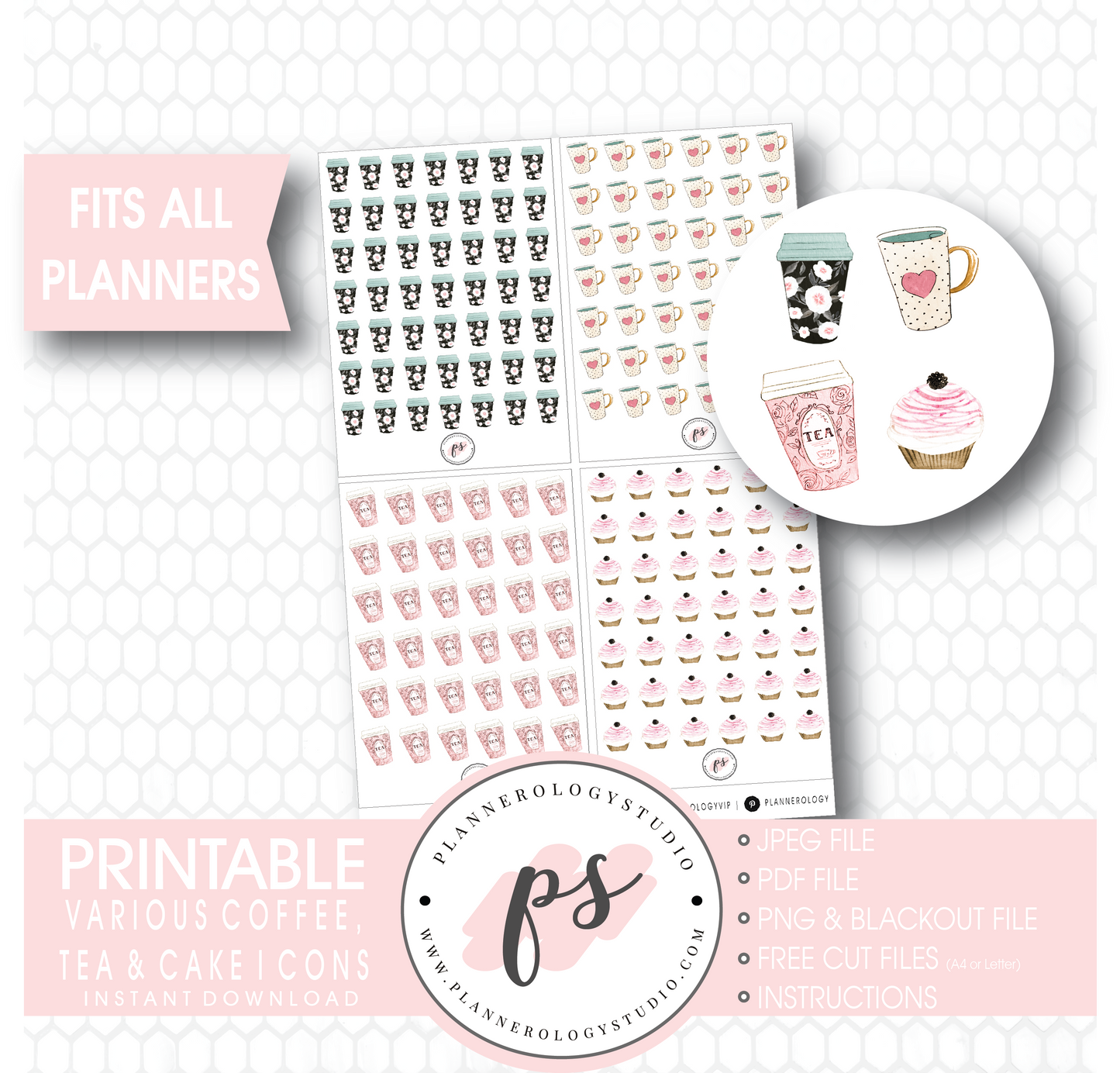 Various Coffee, Tea & Cake Icons Digital Printable Planner Stickers - Plannerologystudio