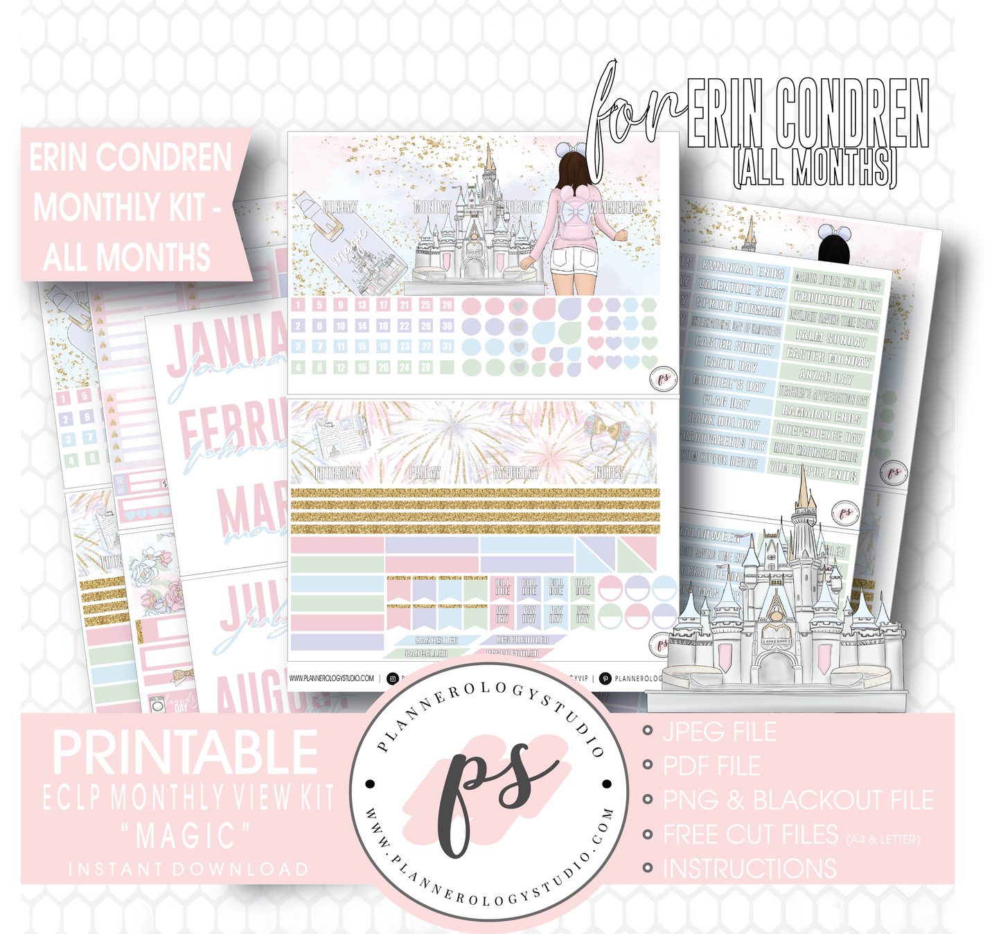 Magic (Disney Inspired) Undated Monthly View Kit (All Months) Digital Printable Planner Stickers (for use with Erin Condren) - Plannerologystudio