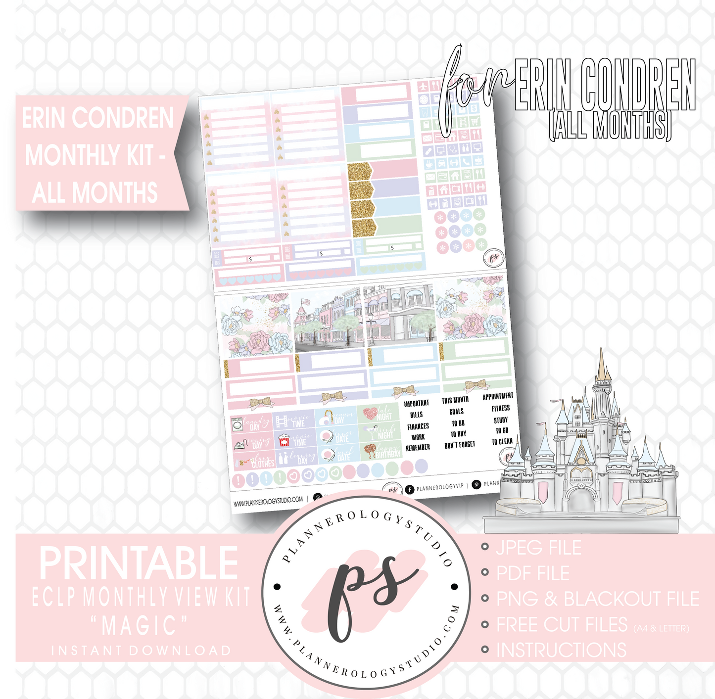 Magic (Disney Inspired) Undated Monthly View Kit (All Months) Digital Printable Planner Stickers (for use with Erin Condren) - Plannerologystudio
