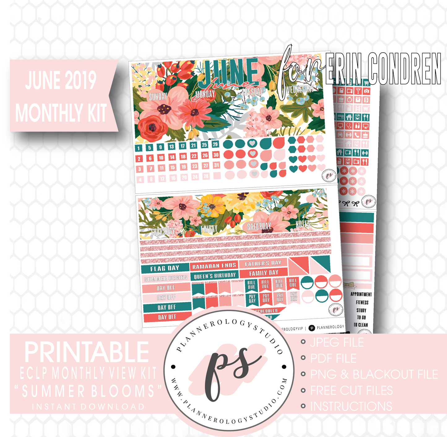 Summer Blooms June 2019 Monthly View Kit Digital Printable Planner Stickers (for use with Erin Condren) - Plannerologystudio