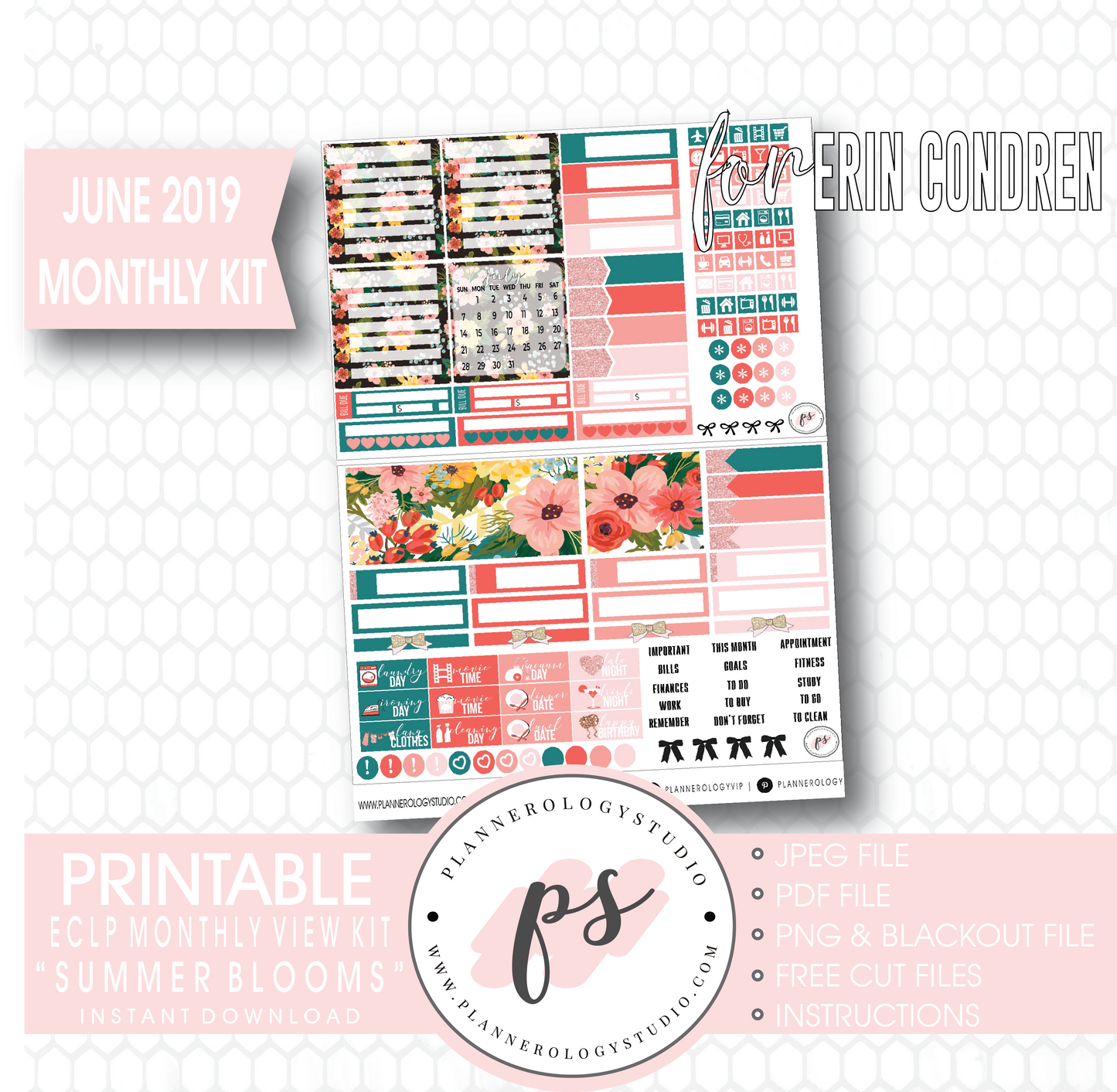 Summer Blooms June 2019 Monthly View Kit Digital Printable Planner Stickers (for use with Erin Condren) - Plannerologystudio