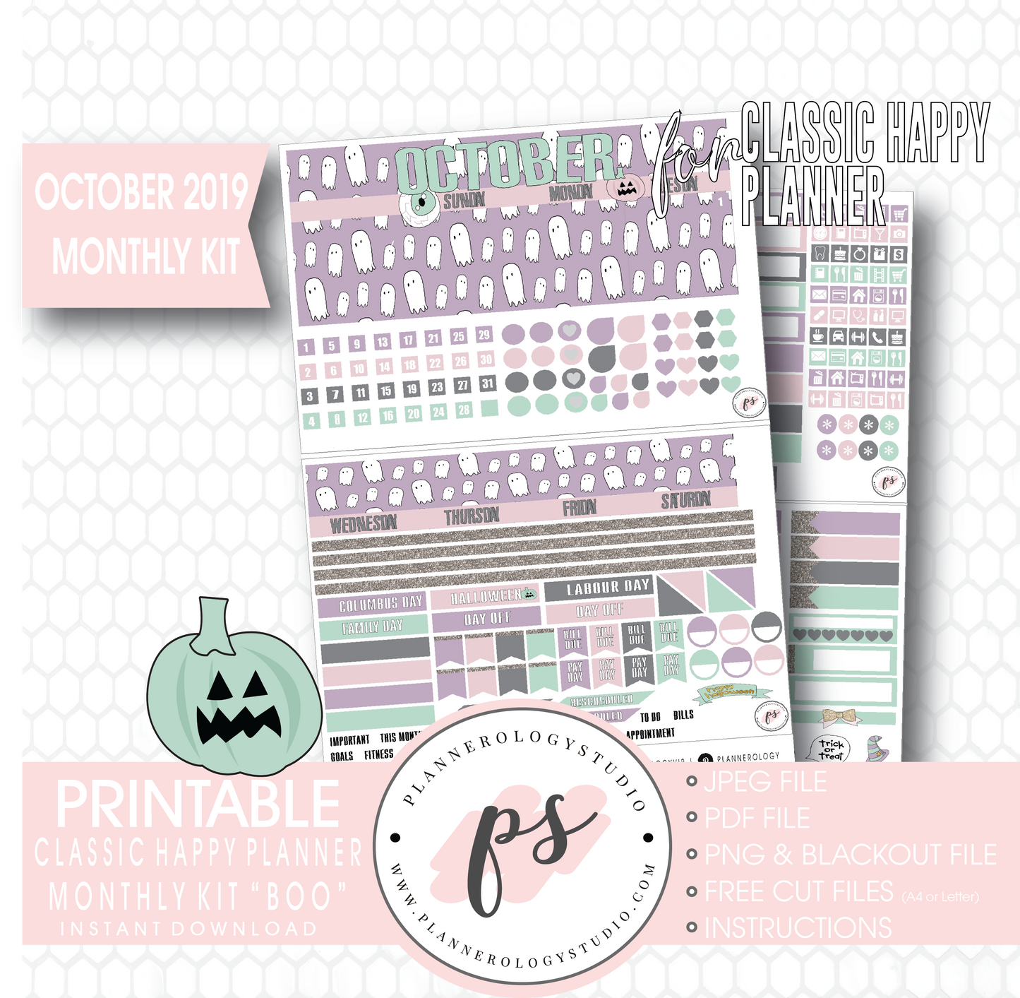 Boo October 2019 Halloween Monthly View Kit Printable Planner Stickers (for use with Classic Happy Planner) - Plannerologystudio