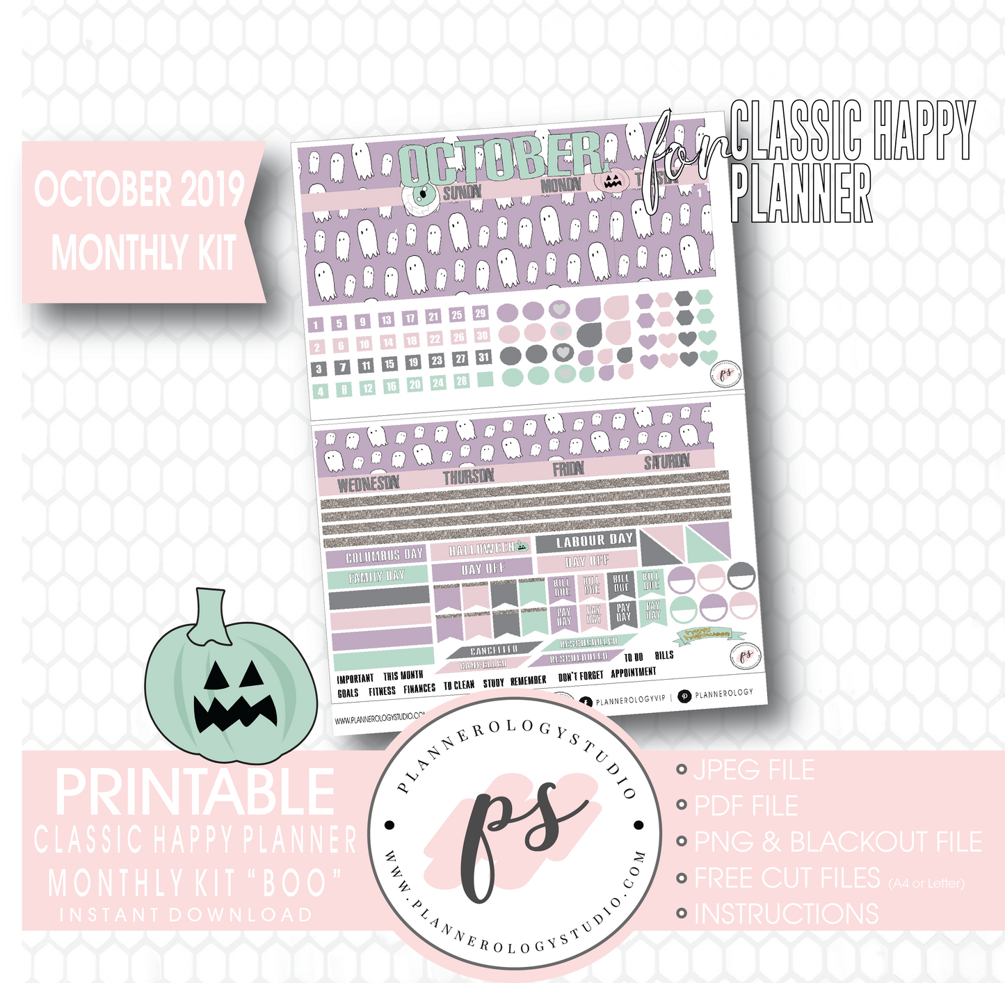 Boo October 2019 Halloween Monthly View Kit Printable Planner Stickers (for use with Classic Happy Planner) - Plannerologystudio