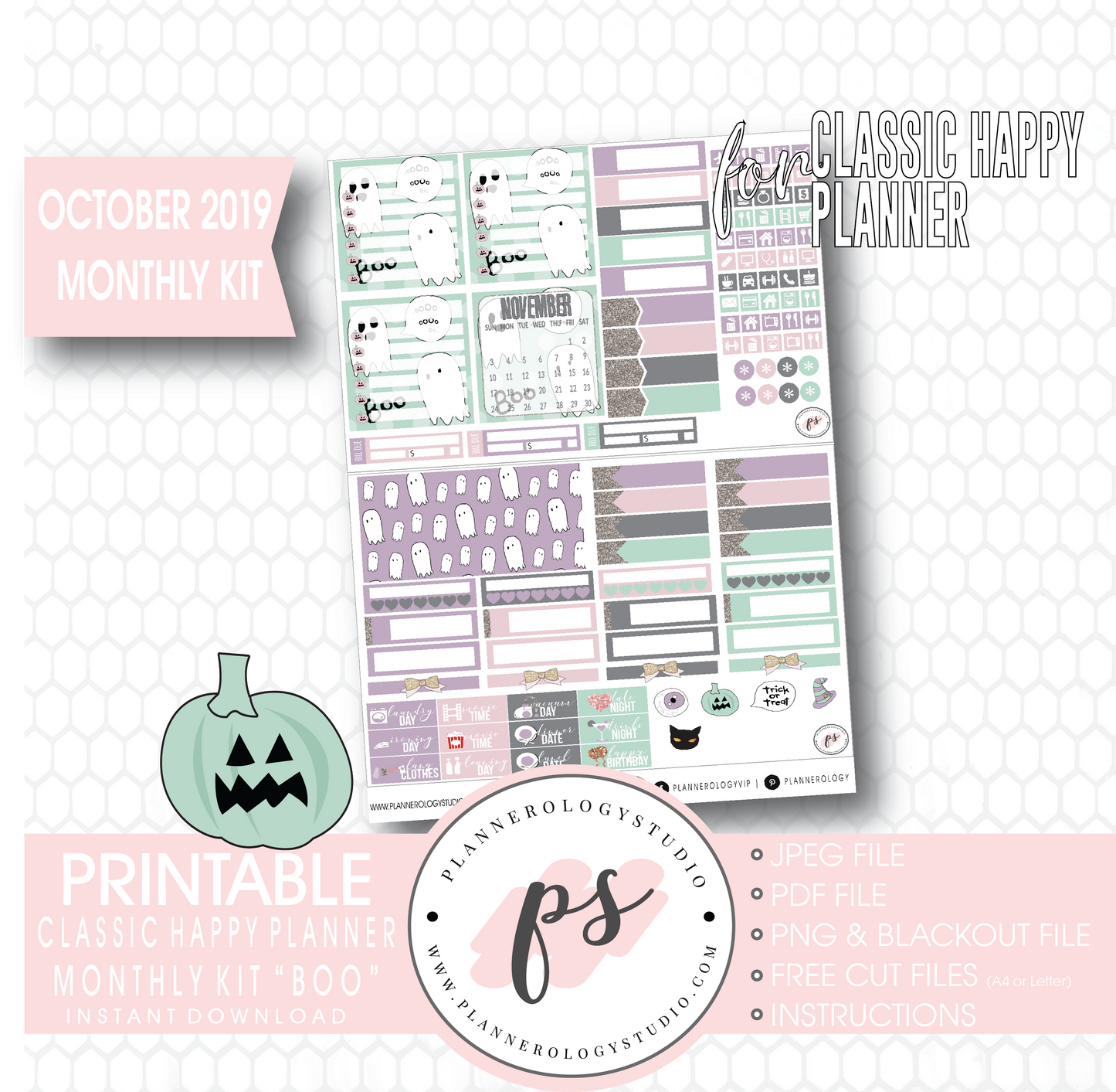 Boo October 2019 Halloween Monthly View Kit Printable Planner Stickers (for use with Classic Happy Planner) - Plannerologystudio