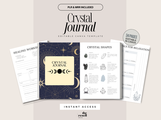 Crystal Journal Canva Template | 34 Pages Canva Editable | Healing Crystal Tracker PLR + MRR | Digital Spiritual Workbook Planner