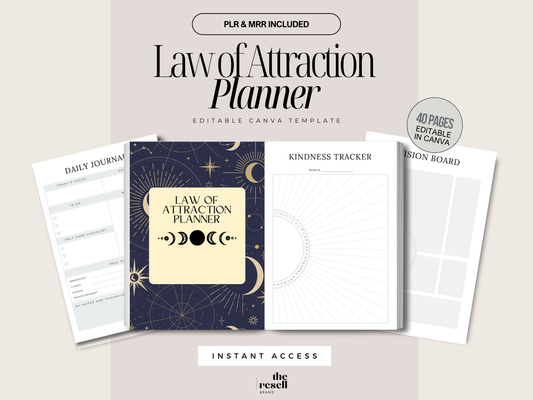 Law of Attraction Planner Canva Template | 40 Pages Editable | Manifestation Workbook PLR + MRR | Digital Spiritual Journal