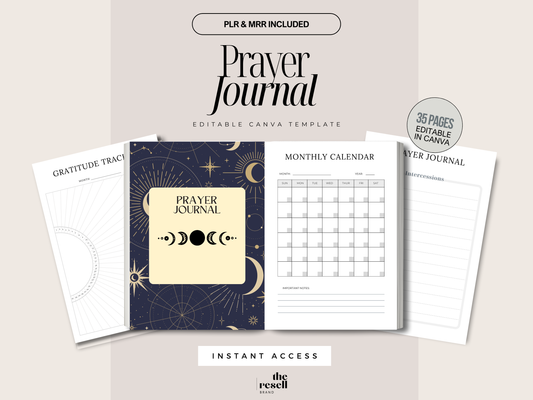 Prayer Journal Canva Template | 35 Pages Editable | Faith & Devotional Workbook PLR + MRR | Christian Digital Planner