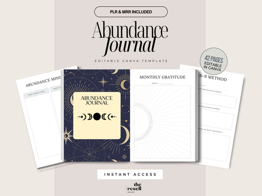 Abundance Journal Canva Template | 42 Pages Editable | Manifestation & Mindset Workbook PLR + MRR | Digital Law of Attraction PDF