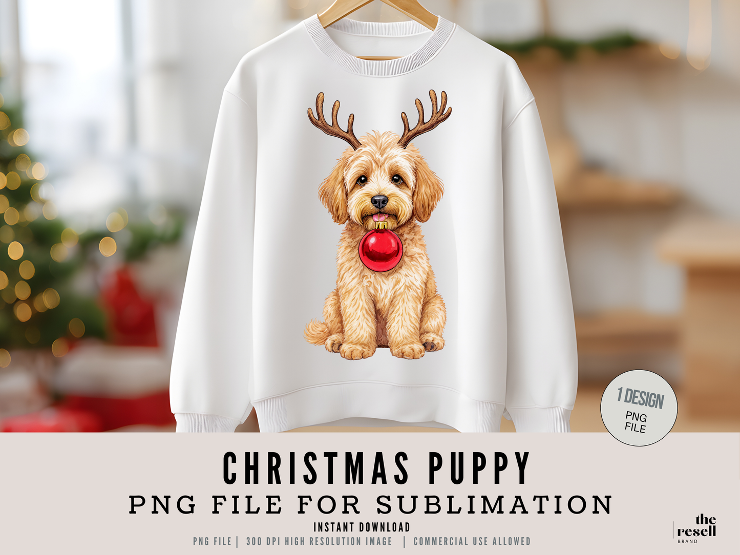 Christmas Puppy PNG 300 DPI High Resolution| Cute Reindeer Dog Sublimation Design | Holiday Shirt, Mug & Tote Clipart | POD + Commercial Use