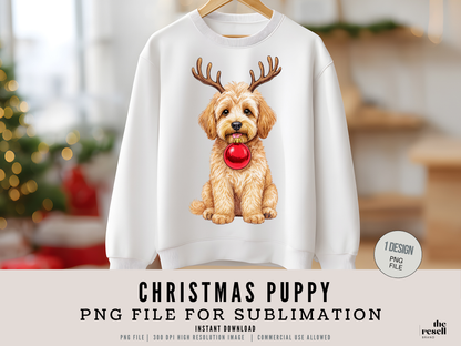 Christmas Puppy PNG 300 DPI High Resolution| Cute Reindeer Dog Sublimation Design | Holiday Shirt, Mug & Tote Clipart | POD + Commercial Use