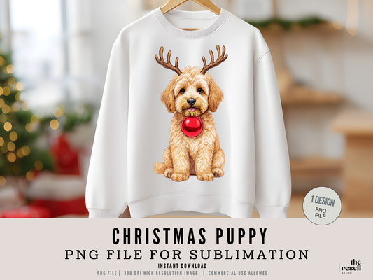 Christmas Puppy PNG 300 DPI High Resolution| Cute Reindeer Dog Sublimation Design | Holiday Shirt, Mug & Tote Clipart | POD + Commercial Use