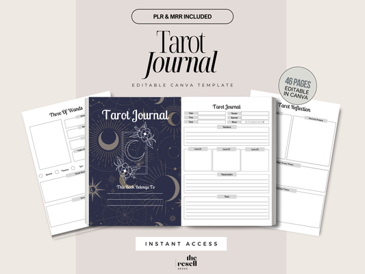 Tarot Journal Canva Template | 46 Pages Editable | Spiritual Card Reading Workbook PLR + MRR | Digital Witchy Printable