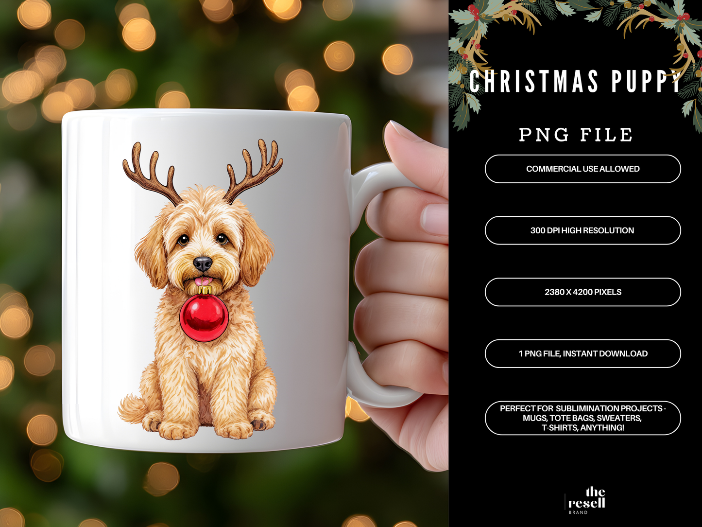 Christmas Puppy PNG 300 DPI High Resolution| Cute Reindeer Dog Sublimation Design | Holiday Shirt, Mug & Tote Clipart | POD + Commercial Use