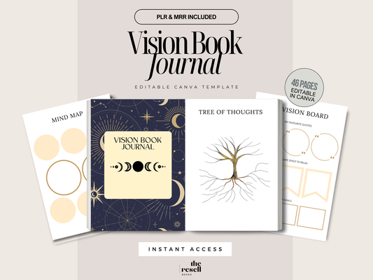 Vision Book Journal Canva Template | 33 Pages Editable | Vision Board & Gratitude Planner PLR + MRR | Manifestation Workbook