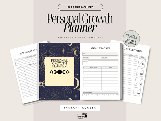 Personal Growth Planner Canva Template | 27 Pages Editable | Self-Development Journal PLR + MRR | Digital Mindset Workbook